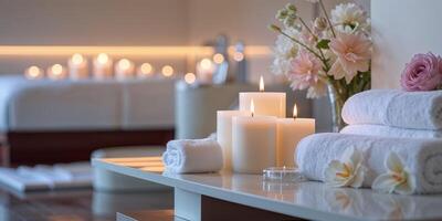 Serene spa setting with candles towels and flowers creating a peaceful ambiance for relaxation and rejuvenation in a hotel room. photo