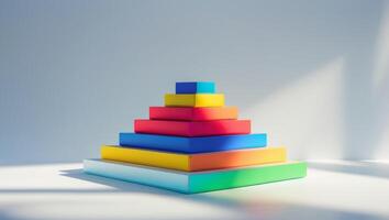 Colorful stacking blocks create a vibrant pyramid structure on a white surface. photo