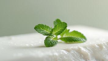 A sprig of vibrant green mint rests on a white surface photo