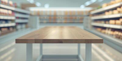 Empty wood table top on shelf in supermarket blurred background. photo
