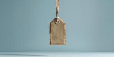 Blank Burlap Tag with Rope on a Light Blue Background. photo