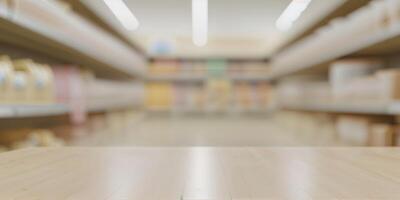 Empty wood table top on shelf in supermarket blurred background photo