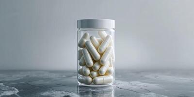 Jar of Capsules on Granite Surface with Soft Focus photo