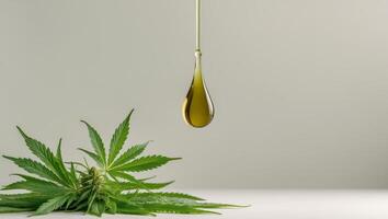 Natural Cannabis Oil Drop with Hemp Leaves for Organic Skincare and Wellness Concept Featuring Empty Space for Custom Text and Branding. photo