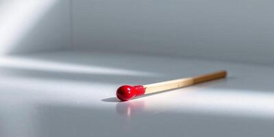 Single safety matchstick with a vibrant red tip resting on a white surface in soft lighting. photo