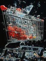 A shopping cart filled with colorful items and shattered glass, creating a dynamic splash effect. photo