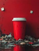 A red cup amidst litter and debris against a red wall, highlighting waste and pollution. photo