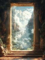 A majestic golden doorway opens to a lush, cloud-filled landscape, inviting exploration. photo