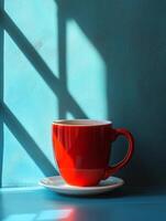 A vibrant red cup on a saucer, illuminated by soft light and casting shadows. photo