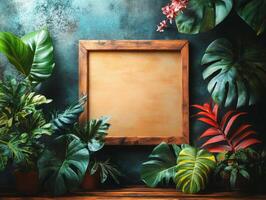 A wooden frame surrounded by lush green plants against a textured backdrop. photo