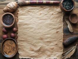A rustic arrangement featuring parchment, pottery, and natural materials, suggesting creativity. photo