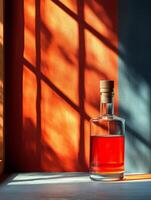 A glass bottle filled with a reddish liquid, casting shadows on a colorful wall. photo
