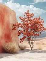 A vibrant tree with red foliage stands against a sandy landscape and rocky backdrop. photo
