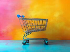 A silver shopping cart against a vibrant, colorful background. photo