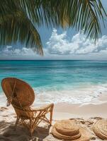 A serene beach scene with a chair and straw hats under palm trees by the ocean. photo
