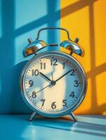 A vintage alarm clock against a colorful backdrop, casting shadows. photo