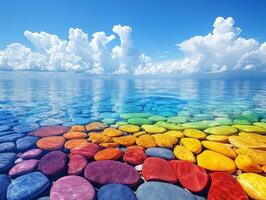A vibrant underwater scene featuring colorful stones beneath a serene ocean surface. photo
