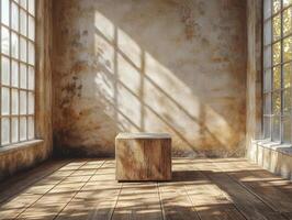 A sunlit, empty room with a wooden cube in the center, showcasing shadows and textures. photo