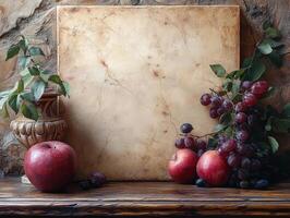 A rustic still life featuring apples, grapes, and a decorative vase against a textured backdrop. photo
