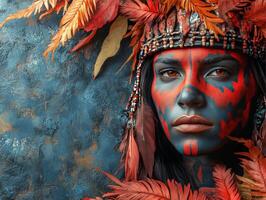 A close-up portrait of a woman adorned with colorful face paint and feathers against a textured background. photo