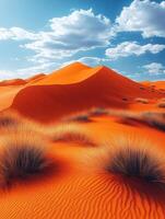 A vibrant desert landscape with rolling sand dunes and sparse vegetation under a blue sky. photo