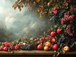 A still life of various fruits, including apples and grapes, against a cloudy backdrop. photo