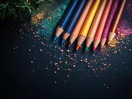 A vibrant arrangement of colored pencils on a dark surface with colorful dust. photo