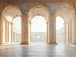 A serene interior view of ancient columns and arches, evoking classical architecture. photo