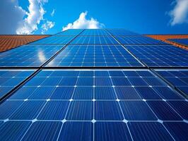A close-up view of solar panels on a building, showcasing renewable energy technology. photo