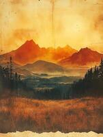 A serene mountain landscape at sunset with warm tones and a vintage texture. photo