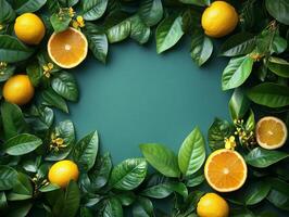 A vibrant arrangement of lemons and leaves creating a fresh, natural frame. photo