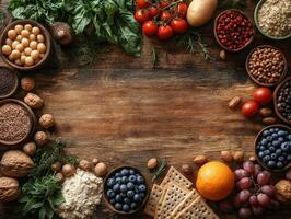 A vibrant arrangement of various fresh ingredients on a wooden surface, ideal for cooking. photo