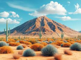 A vibrant desert landscape featuring cacti and a prominent mountain under a blue sky. photo