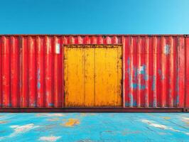 A weathered red shipping container with a yellow door against a clear blue sky. photo