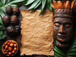 A decorative arrangement featuring a tribal mask, natural elements, and a blank parchment. photo