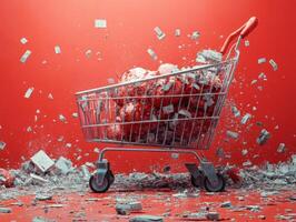 A shopping cart overflowing with crumpled paper amidst a dynamic explosion of debris. photo