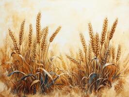 A watercolor painting of golden wheat stalks in a serene, warm-toned landscape. photo