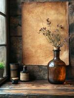 A rustic scene featuring a vintage bottle, herbs, and parchment against a wooden backdrop. photo