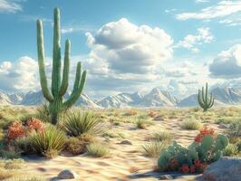 A serene desert landscape featuring cacti, shrubs, and mountains under a blue sky. photo