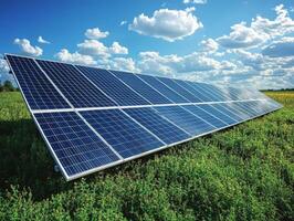 A solar panel array in a green field under a blue sky with scattered clouds. photo