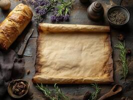 A rustic scene featuring an empty scroll surrounded by herbs, bread, and kitchen utensils. photo