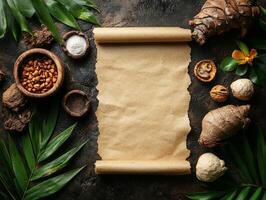 A blank scroll surrounded by natural elements, suggesting a creative or culinary theme. photo