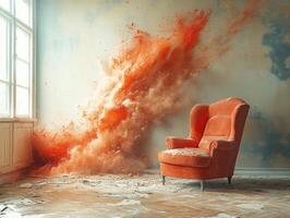 A vibrant orange explosion contrasts with a vintage chair in a surreal interior setting. photo