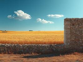 A serene landscape featuring golden fields under a clear blue sky with a stone wall. photo