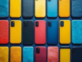 A colorful arrangement of smartphone cases in various textures and colors on a flat surface. photo