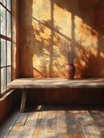A rustic interior with a wooden table, vase, and warm light casting shadows. photo