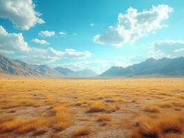 A vast, golden landscape under a bright blue sky with distant mountains and fluffy clouds. photo