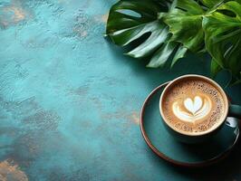 A cozy cup of coffee with latte art on a textured surface, accompanied by a green leaf. photo
