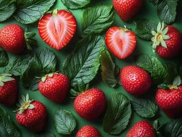 Fresh strawberries and green leaves arranged artistically on a vibrant background. photo