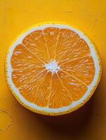 A vibrant, close-up view of a freshly cut orange showcasing its juicy segments. photo